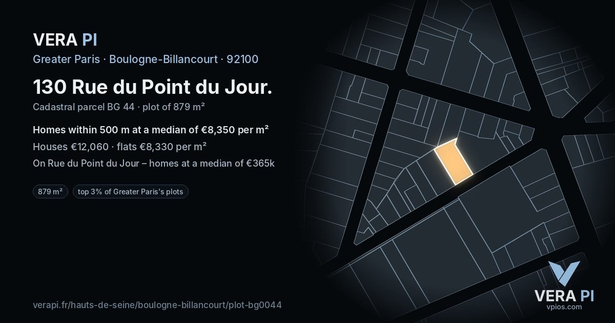 130 Rue du Point du Jour, Boulogne-Billancourt at night – the plot lit, the parcels around coloured by the prices near them