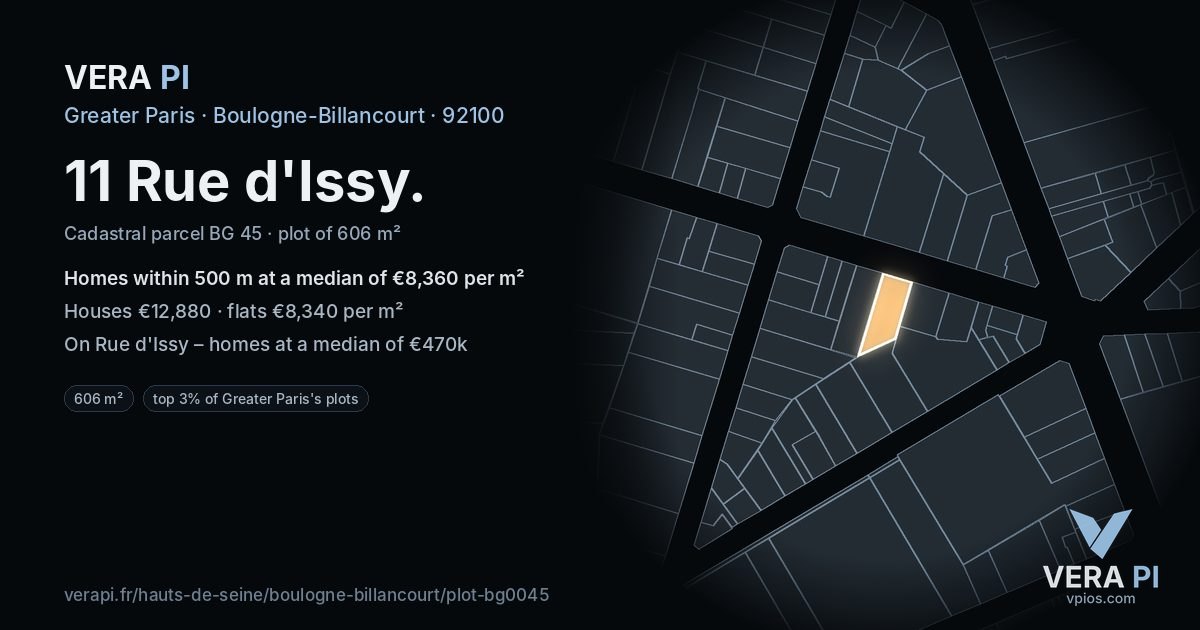 11 Rue d'Issy, Boulogne-Billancourt at night – the plot lit, the parcels around coloured by the prices near them