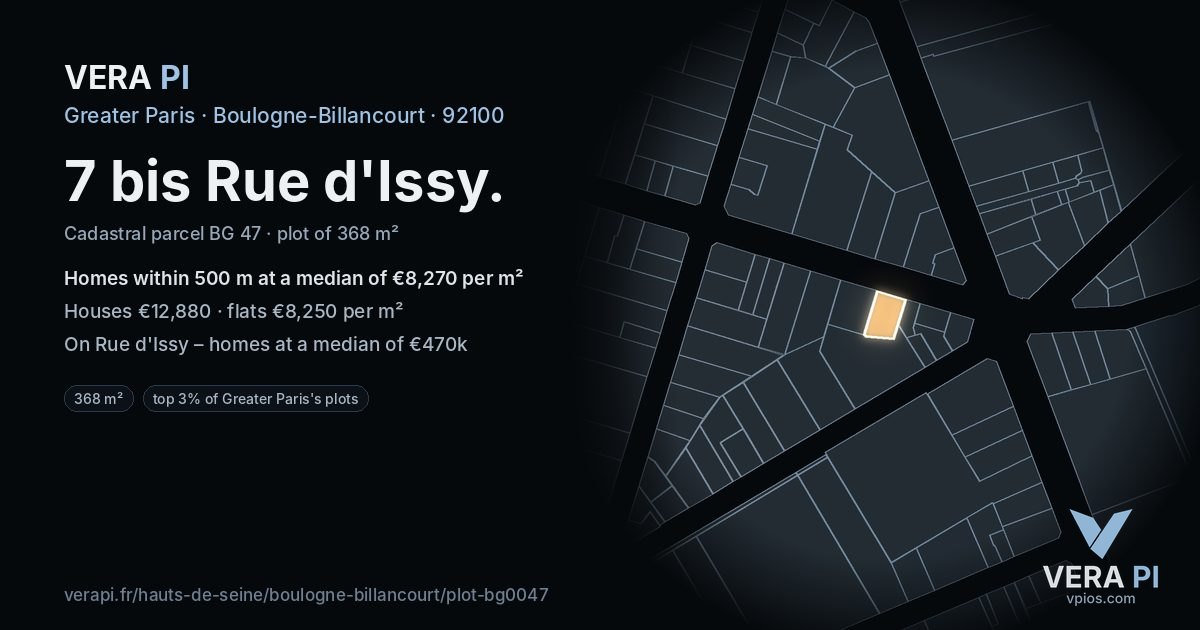 7 bis Rue d'Issy, Boulogne-Billancourt at night – the plot lit, the parcels around coloured by the prices near them