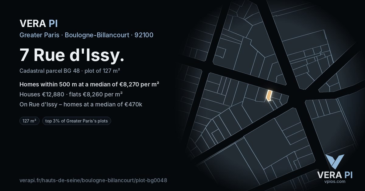 7 Rue d'Issy, Boulogne-Billancourt at night – the plot lit, the parcels around coloured by the prices near them