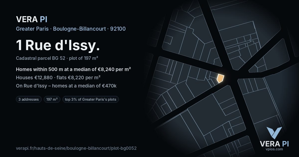 1 Rue d'Issy, Boulogne-Billancourt at night – the plot lit, the parcels around coloured by the prices near them