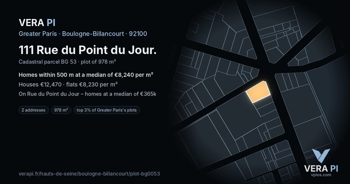 111 Rue du Point du Jour, Boulogne-Billancourt at night – the plot lit, the parcels around coloured by the prices near them