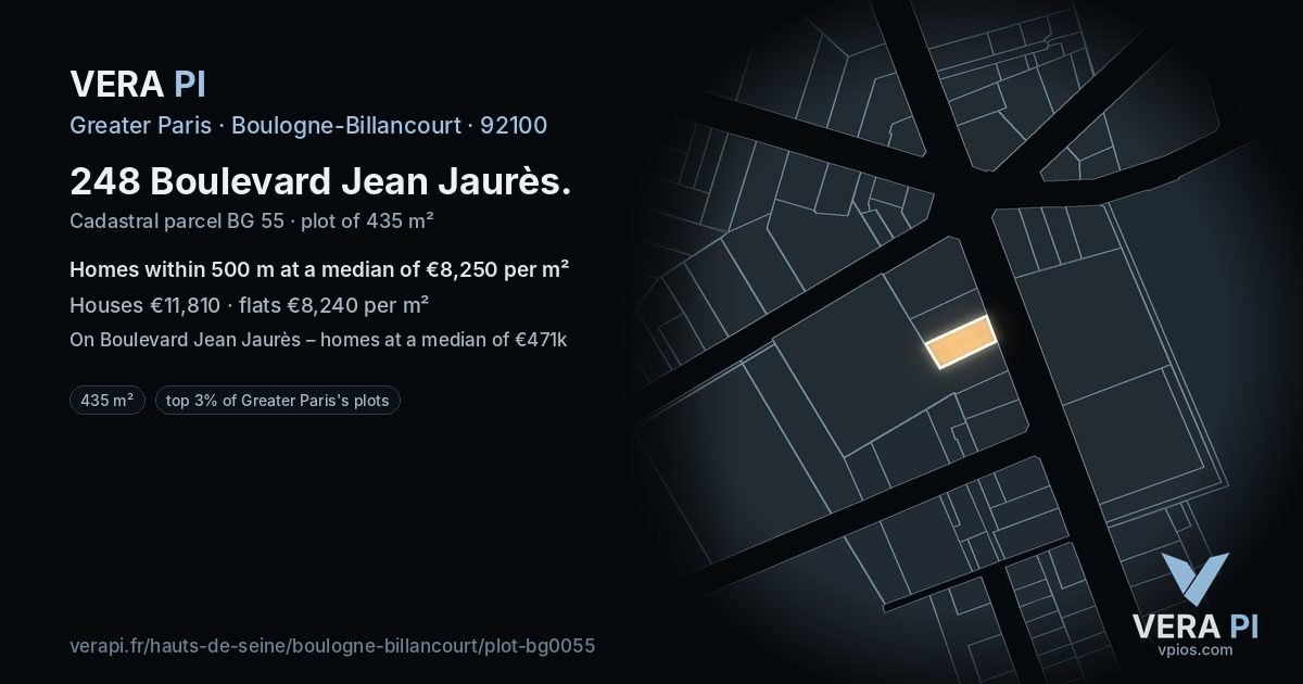 248 Boulevard Jean Jaurès, Boulogne-Billancourt at night – the plot lit, the parcels around coloured by the prices near them