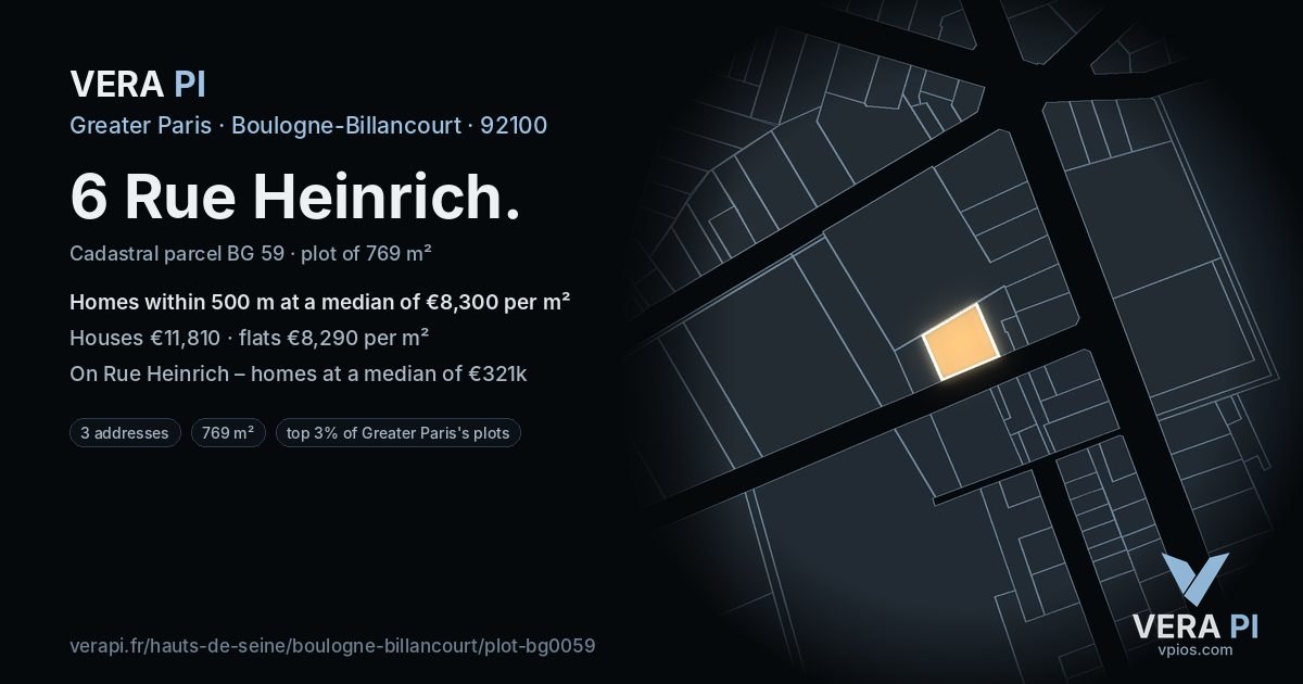 6 Rue Heinrich, Boulogne-Billancourt at night – the plot lit, the parcels around coloured by the prices near them