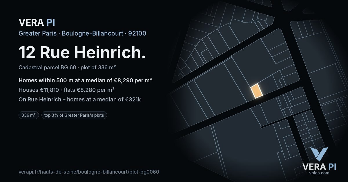 12 Rue Heinrich, Boulogne-Billancourt at night – the plot lit, the parcels around coloured by the prices near them