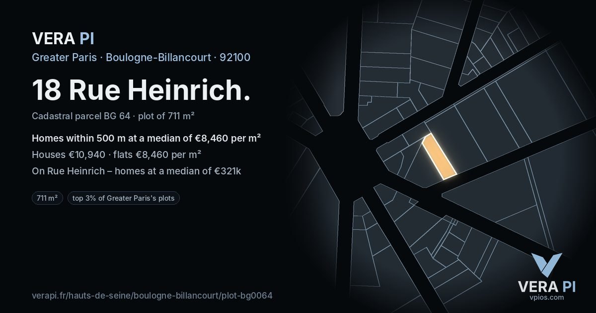 18 Rue Heinrich, Boulogne-Billancourt at night – the plot lit, the parcels around coloured by the prices near them