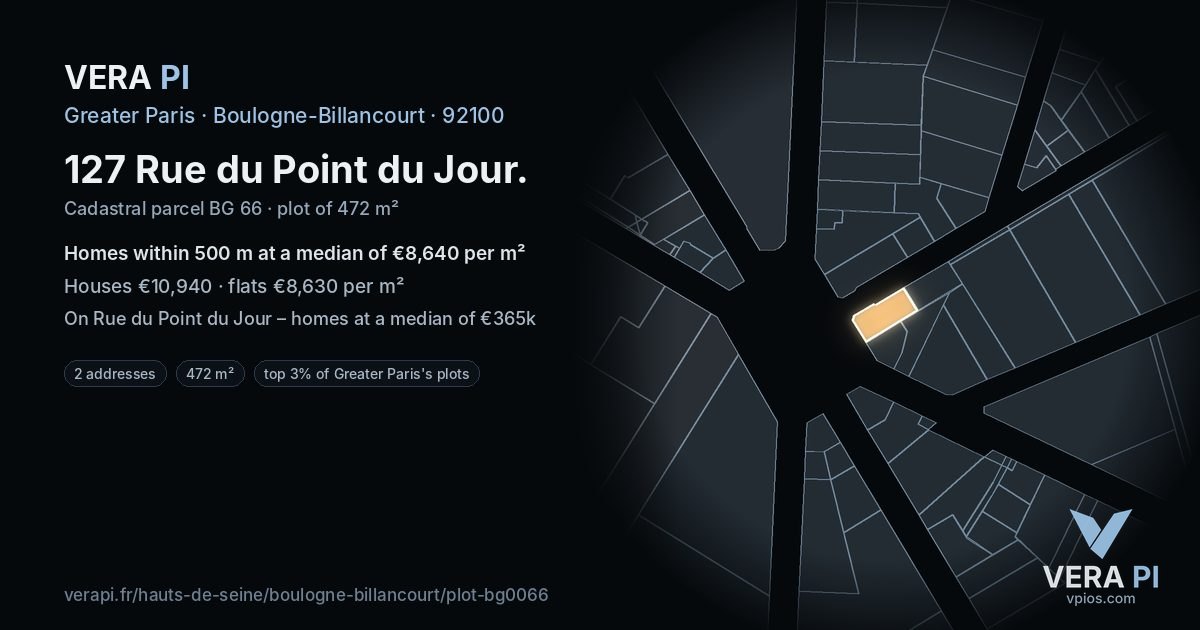 127 Rue du Point du Jour, Boulogne-Billancourt at night – the plot lit, the parcels around coloured by the prices near them