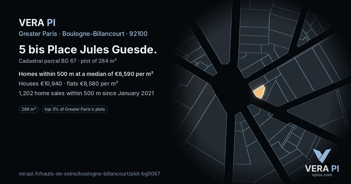 5 bis Place Jules Guesde, Boulogne-Billancourt at night – the plot lit, the parcels around coloured by the prices near them