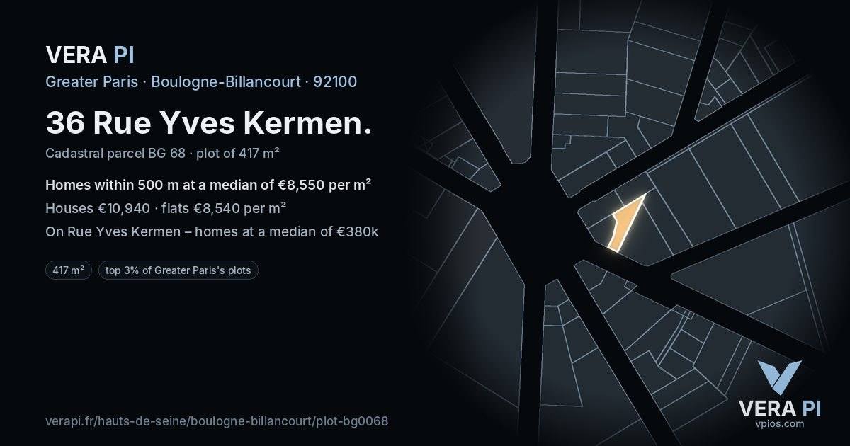 36 Rue Yves Kermen, Boulogne-Billancourt at night – the plot lit, the parcels around coloured by the prices near them