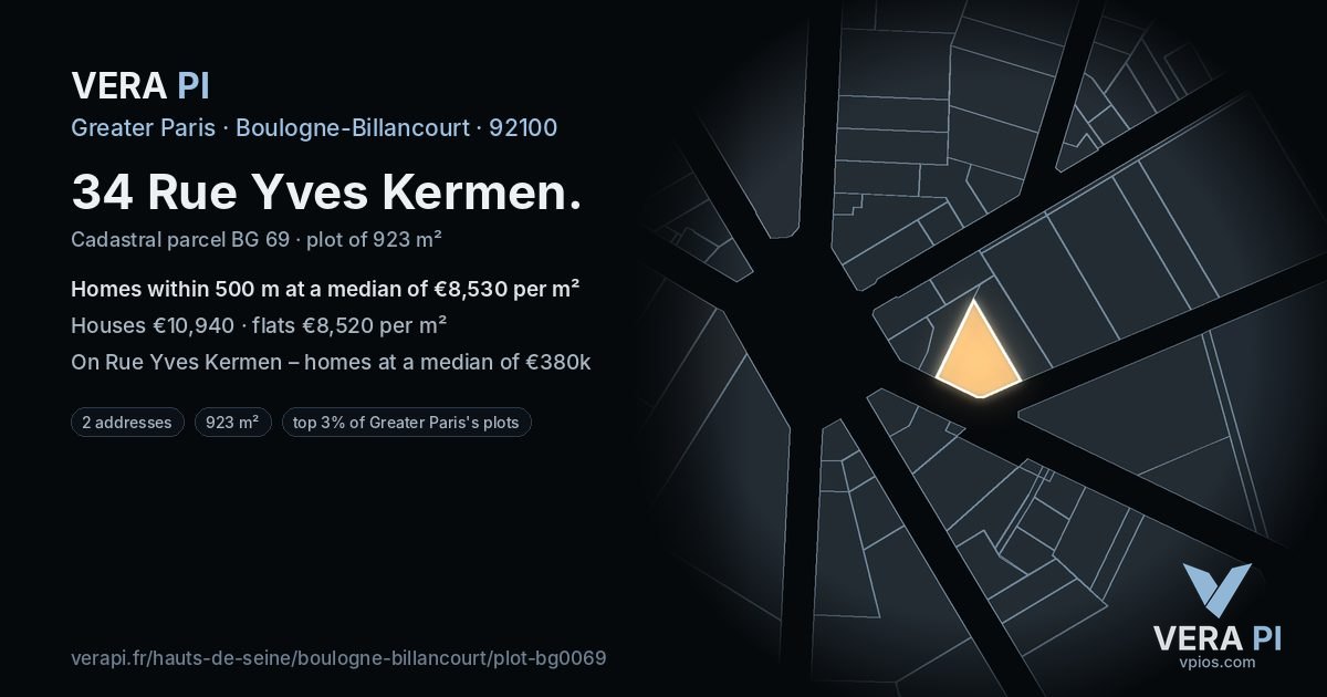 34 Rue Yves Kermen, Boulogne-Billancourt at night – the plot lit, the parcels around coloured by the prices near them