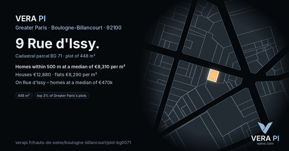 9 Rue d'Issy, Boulogne-Billancourt at night – the plot lit, the parcels around coloured by the prices near them