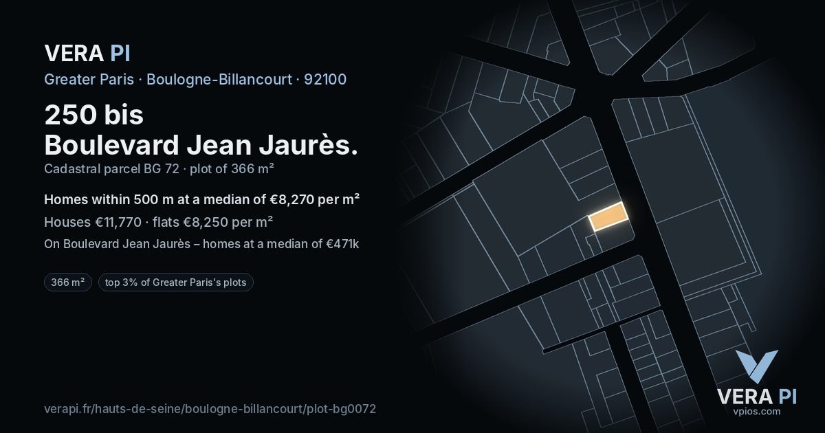 250 bis Boulevard Jean Jaurès, Boulogne-Billancourt at night – the plot lit, the parcels around coloured by the prices near them
