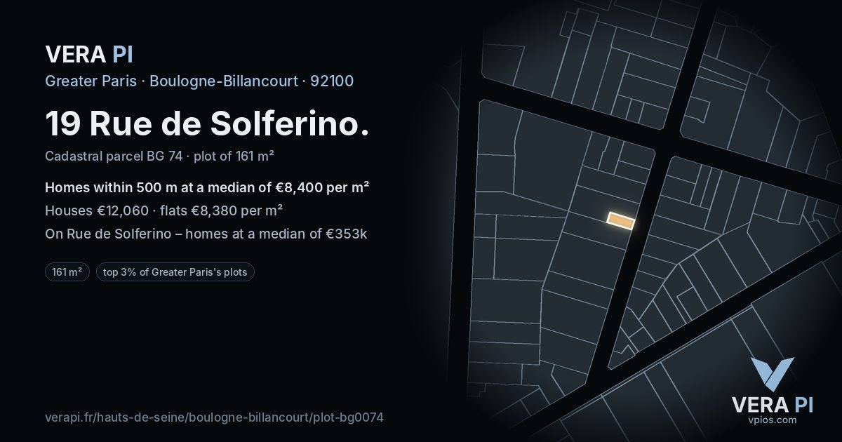 19 Rue de Solferino, Boulogne-Billancourt at night – the plot lit, the parcels around coloured by the prices near them