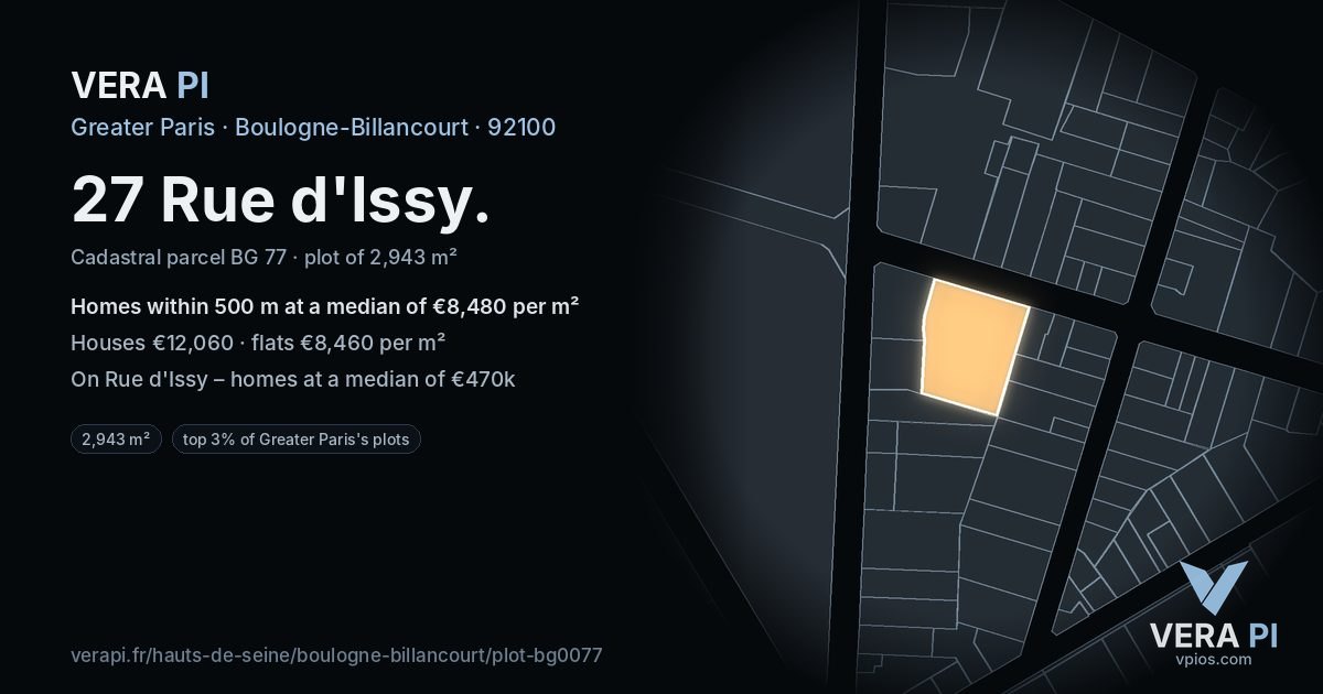 27 Rue d'Issy, Boulogne-Billancourt at night – the plot lit, the parcels around coloured by the prices near them