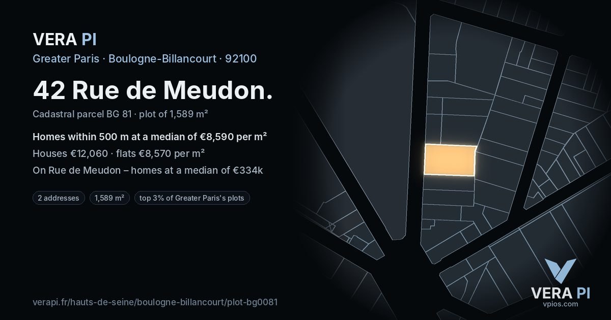 42 Rue de Meudon, Boulogne-Billancourt at night – the plot lit, the parcels around coloured by the prices near them