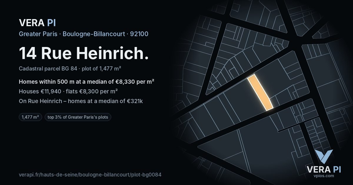 14 Rue Heinrich, Boulogne-Billancourt at night – the plot lit, the parcels around coloured by the prices near them