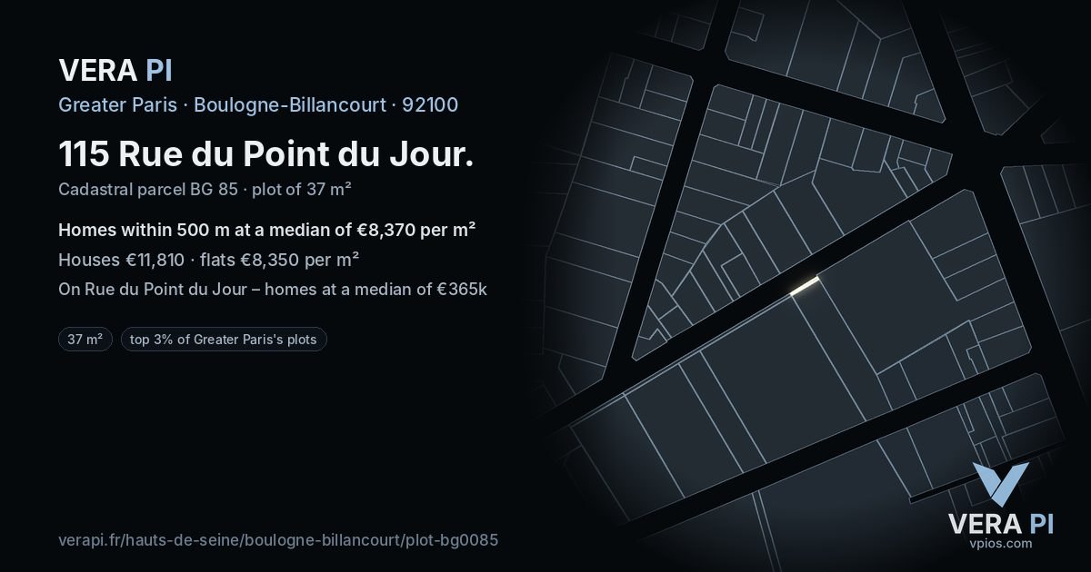 115 Rue du Point du Jour, Boulogne-Billancourt at night – the plot lit, the parcels around coloured by the prices near them