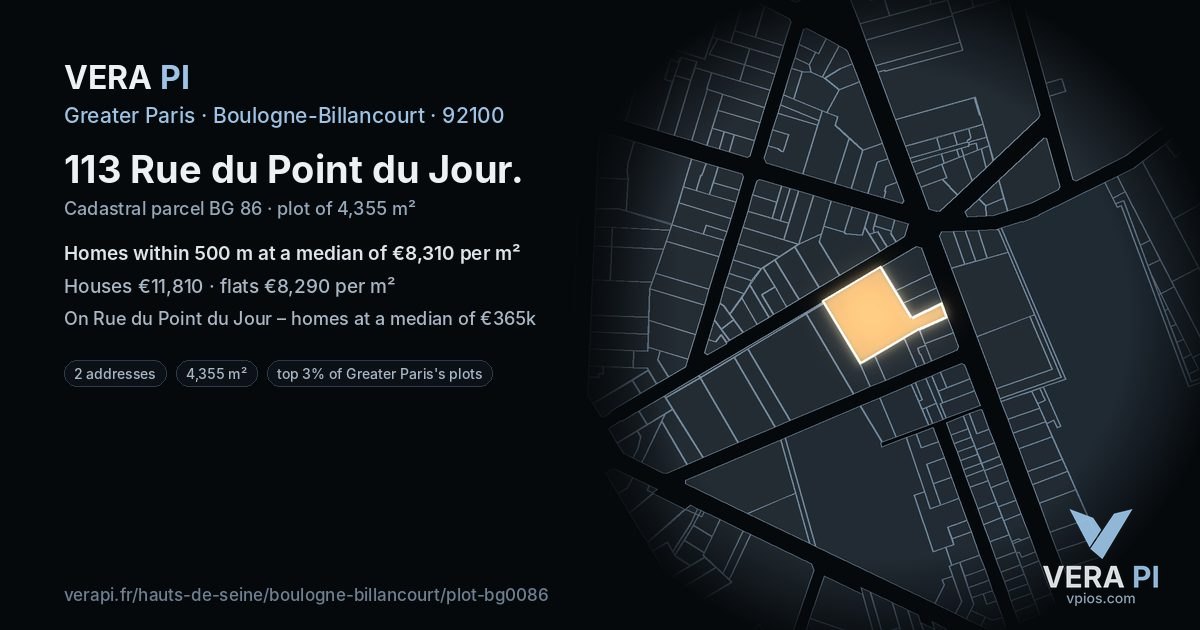 113 Rue du Point du Jour, Boulogne-Billancourt at night – the plot lit, the parcels around coloured by the prices near them