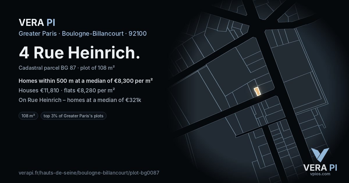4 Rue Heinrich, Boulogne-Billancourt at night – the plot lit, the parcels around coloured by the prices near them