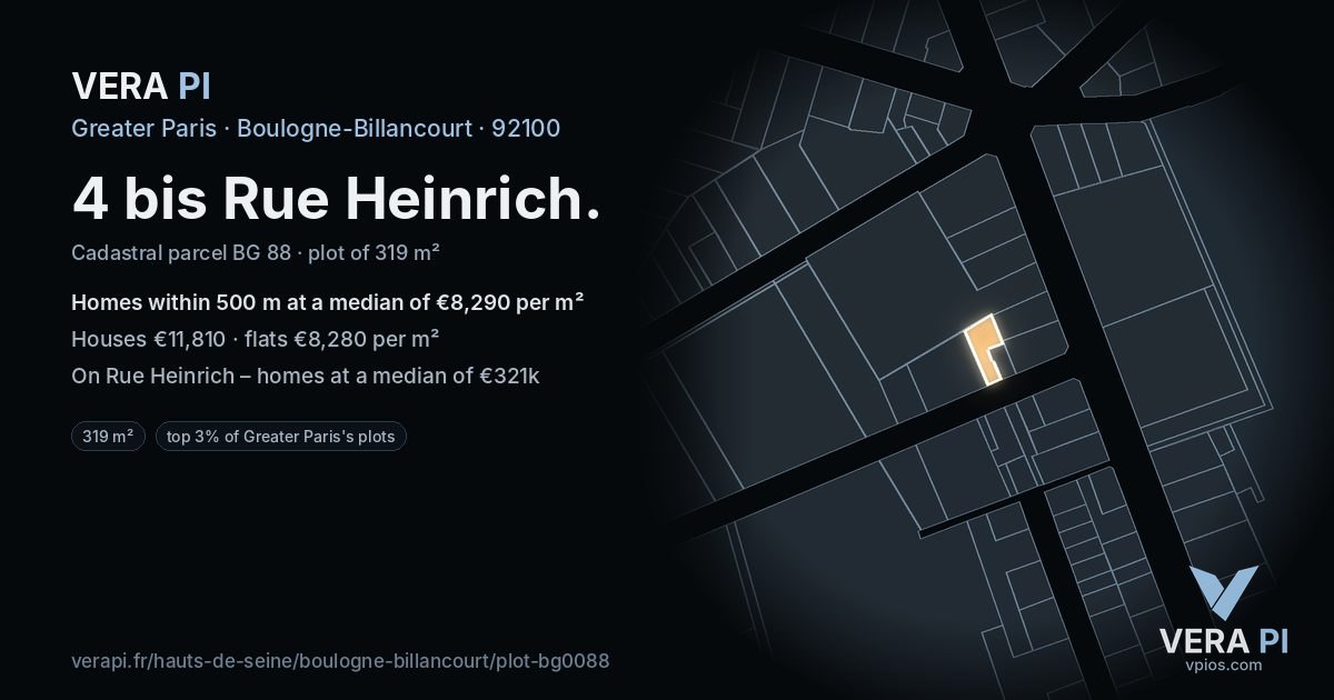 4 bis Rue Heinrich, Boulogne-Billancourt at night – the plot lit, the parcels around coloured by the prices near them