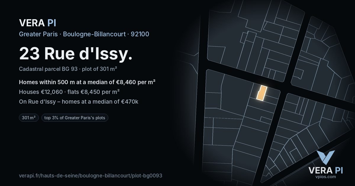 23 Rue d'Issy, Boulogne-Billancourt at night – the plot lit, the parcels around coloured by the prices near them