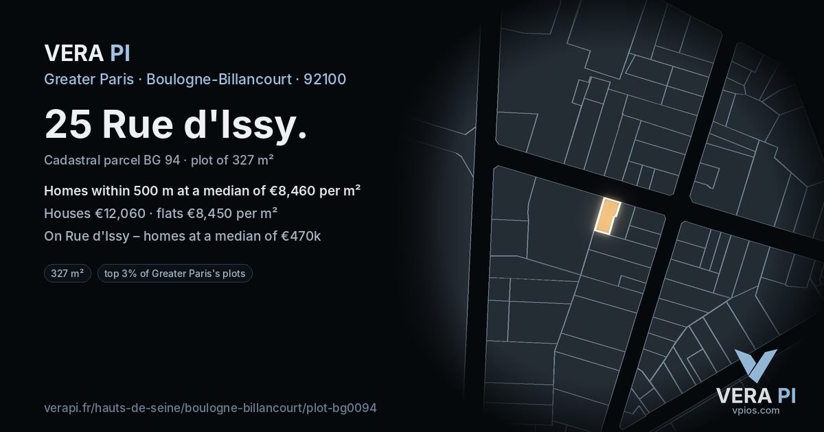 25 Rue d'Issy, Boulogne-Billancourt at night – the plot lit, the parcels around coloured by the prices near them