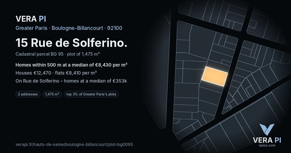 15 Rue de Solferino, Boulogne-Billancourt at night – the plot lit, the parcels around coloured by the prices near them