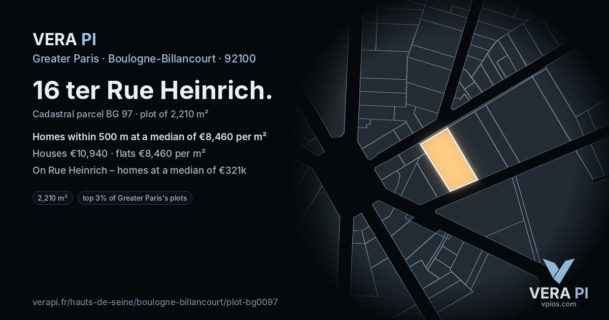 16 ter Rue Heinrich, Boulogne-Billancourt at night – the plot lit, the parcels around coloured by the prices near them