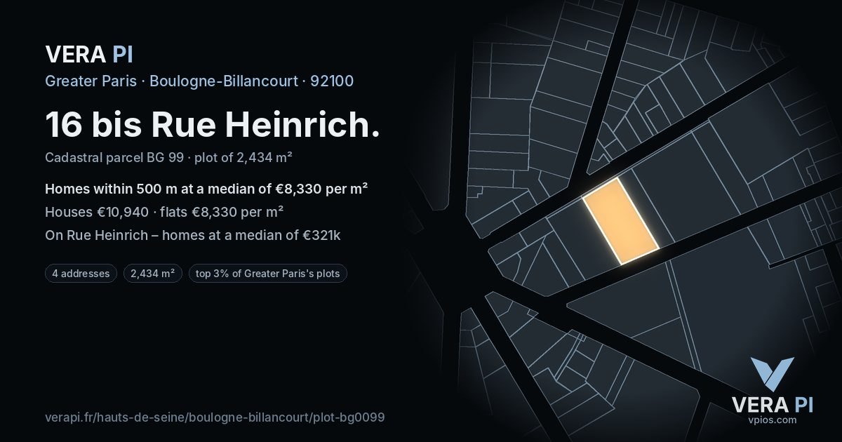 16 bis Rue Heinrich, Boulogne-Billancourt at night – the plot lit, the parcels around coloured by the prices near them