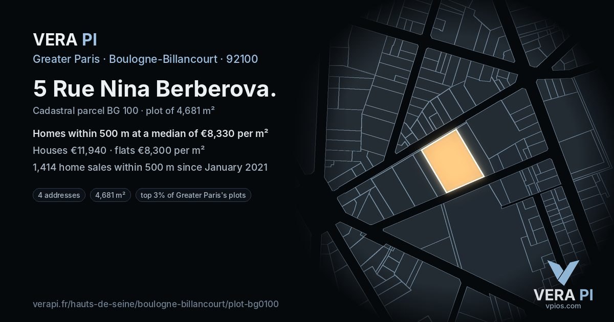5 Rue Nina Berberova, Boulogne-Billancourt at night – the plot lit, the parcels around coloured by the prices near them