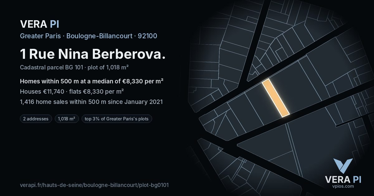 1 Rue Nina Berberova, Boulogne-Billancourt at night – the plot lit, the parcels around coloured by the prices near them
