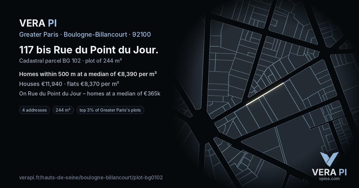 117 bis Rue du Point du Jour, Boulogne-Billancourt at night – the plot lit, the parcels around coloured by the prices near them