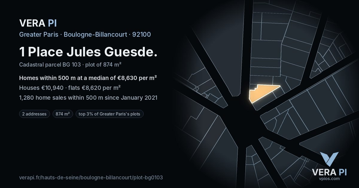 1 Place Jules Guesde, Boulogne-Billancourt at night – the plot lit, the parcels around coloured by the prices near them