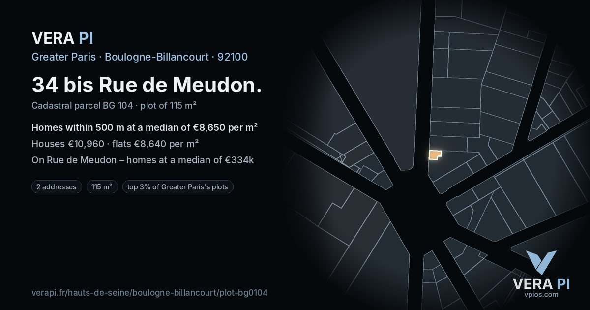 34 bis Rue de Meudon, Boulogne-Billancourt at night – the plot lit, the parcels around coloured by the prices near them