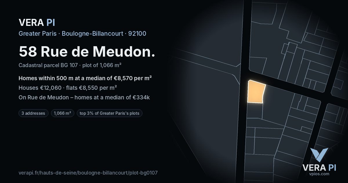 58 Rue de Meudon, Boulogne-Billancourt at night – the plot lit, the parcels around coloured by the prices near them