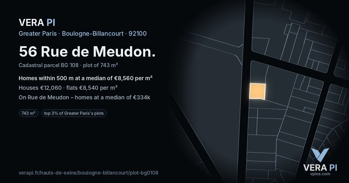56 Rue de Meudon, Boulogne-Billancourt at night – the plot lit, the parcels around coloured by the prices near them