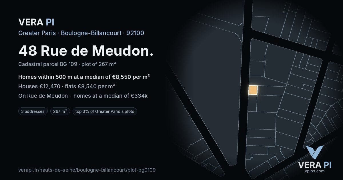 48 Rue de Meudon, Boulogne-Billancourt at night – the plot lit, the parcels around coloured by the prices near them