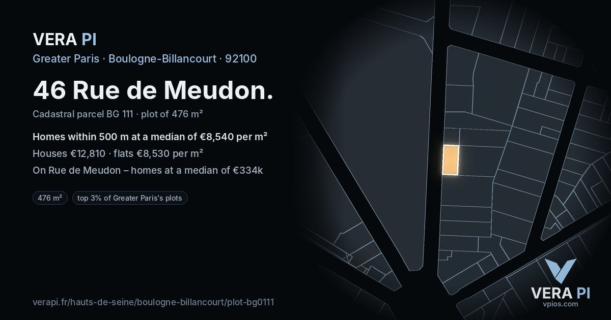 46 Rue de Meudon, Boulogne-Billancourt at night – the plot lit, the parcels around coloured by the prices near them