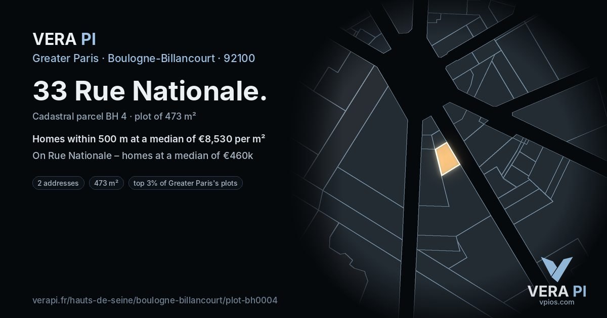 33 Rue Nationale, Boulogne-Billancourt at night – the plot lit, the parcels around coloured by the prices near them
