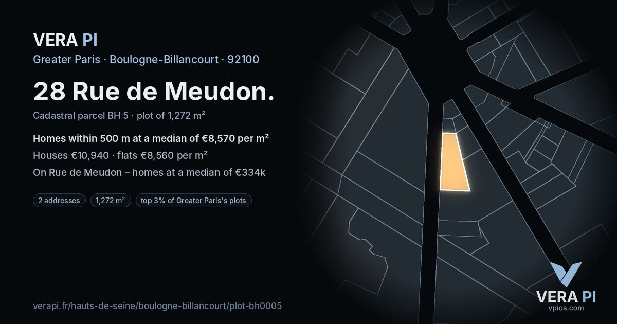 28 Rue de Meudon, Boulogne-Billancourt at night – the plot lit, the parcels around coloured by the prices near them