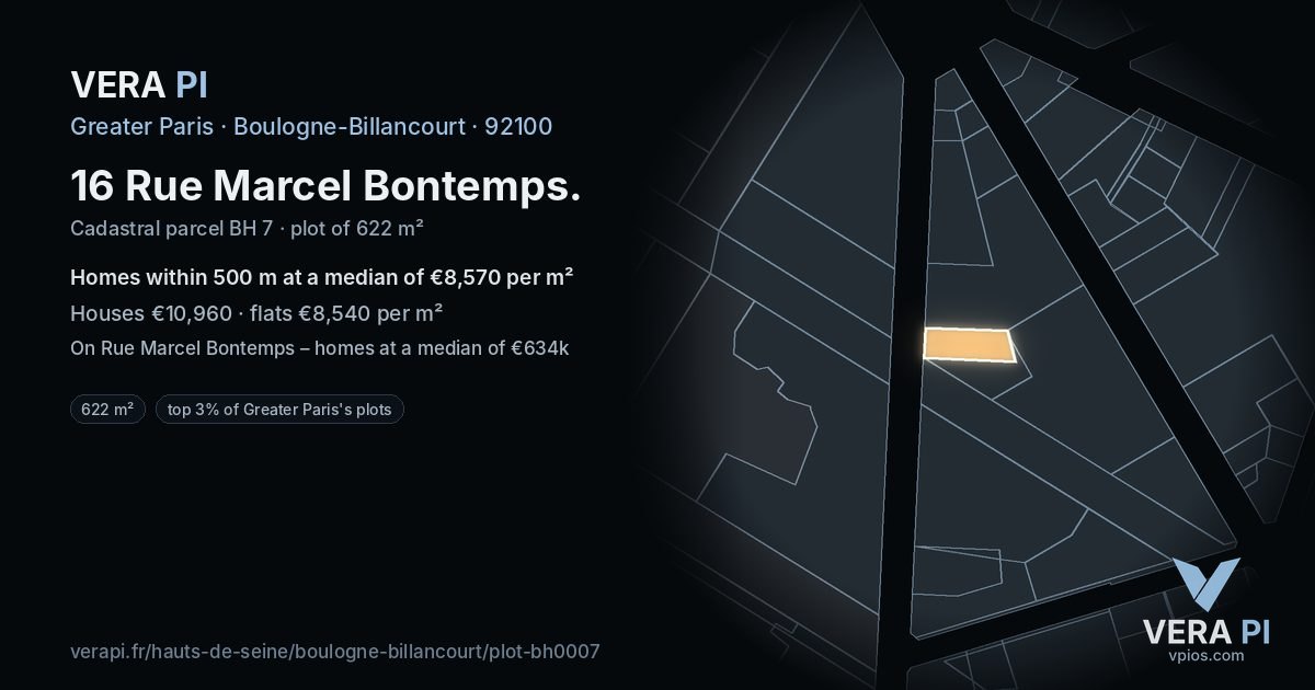 16 Rue Marcel Bontemps, Boulogne-Billancourt at night – the plot lit, the parcels around coloured by the prices near them