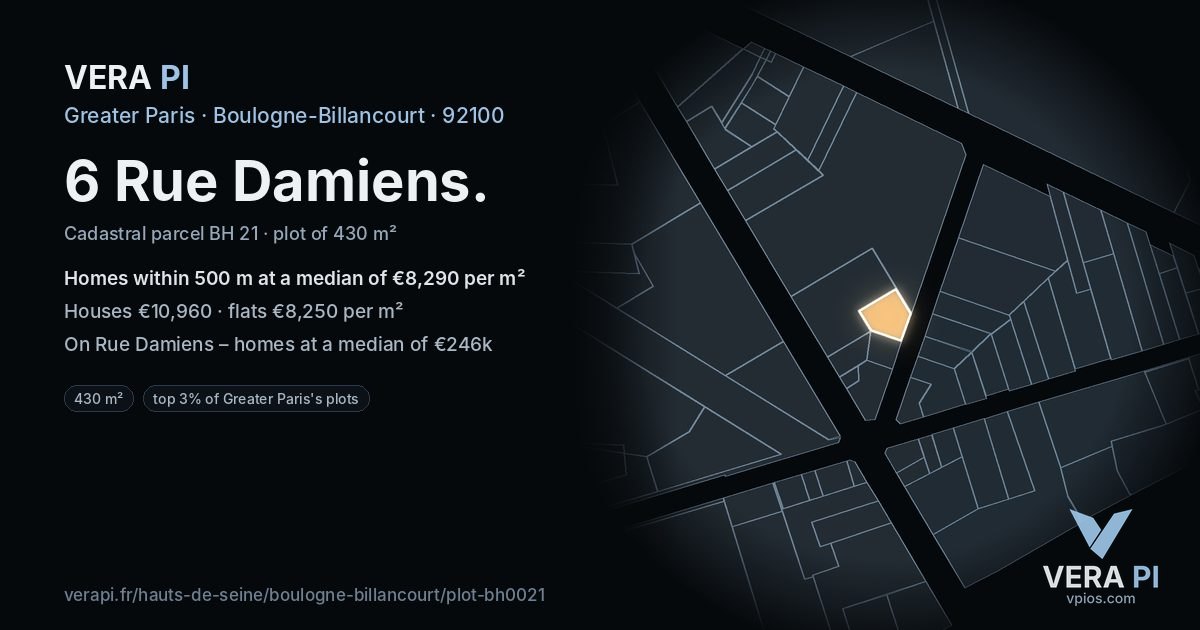 6 Rue Damiens, Boulogne-Billancourt at night – the plot lit, the parcels around coloured by the prices near them