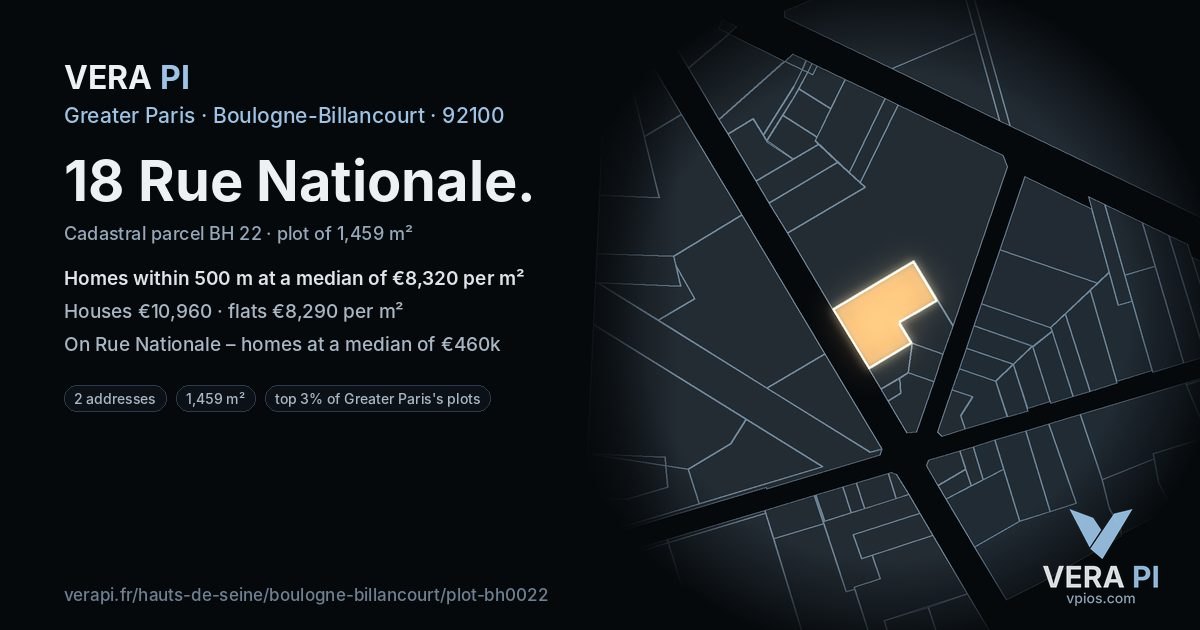 18 Rue Nationale, Boulogne-Billancourt at night – the plot lit, the parcels around coloured by the prices near them