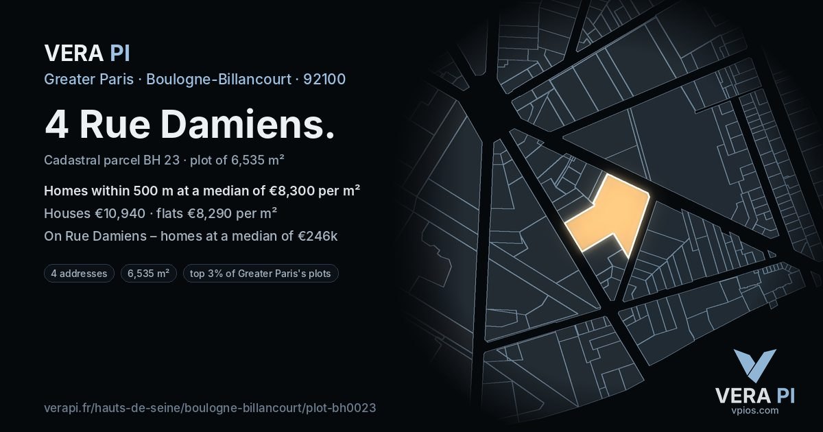 4 Rue Damiens, Boulogne-Billancourt at night – the plot lit, the parcels around coloured by the prices near them