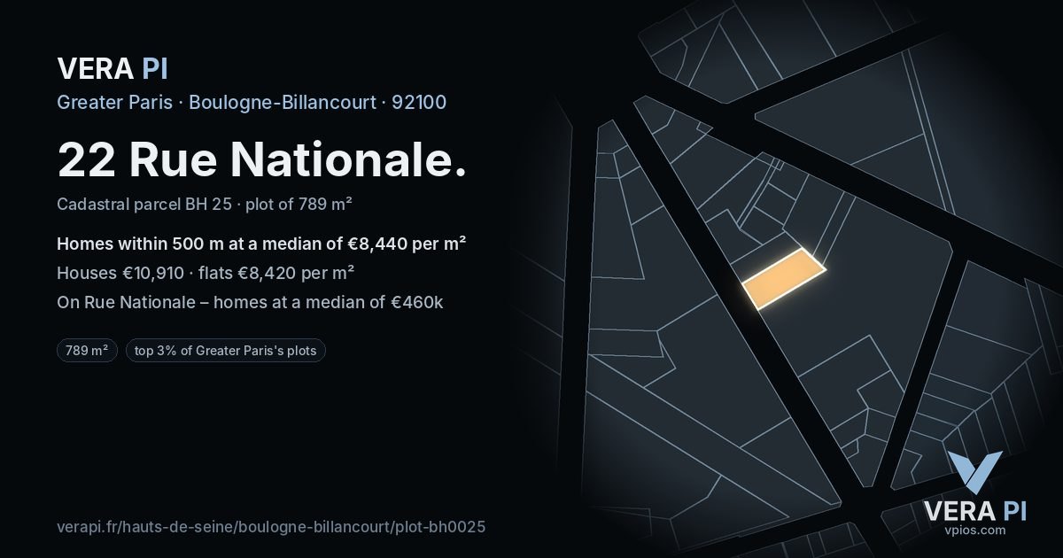 22 Rue Nationale, Boulogne-Billancourt at night – the plot lit, the parcels around coloured by the prices near them