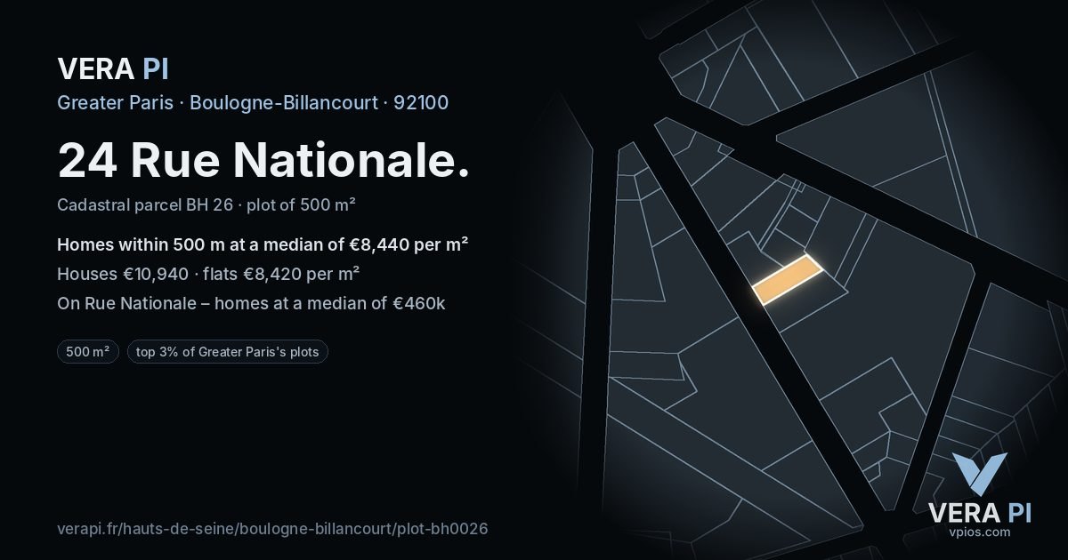 24 Rue Nationale, Boulogne-Billancourt at night – the plot lit, the parcels around coloured by the prices near them