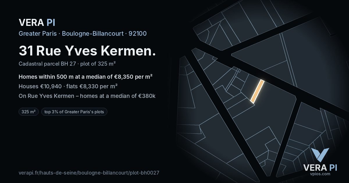 31 Rue Yves Kermen, Boulogne-Billancourt at night – the plot lit, the parcels around coloured by the prices near them