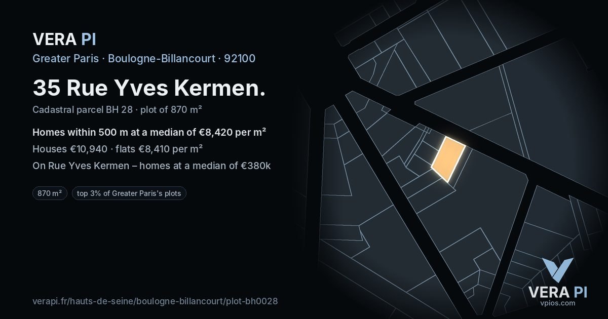 35 Rue Yves Kermen, Boulogne-Billancourt at night – the plot lit, the parcels around coloured by the prices near them