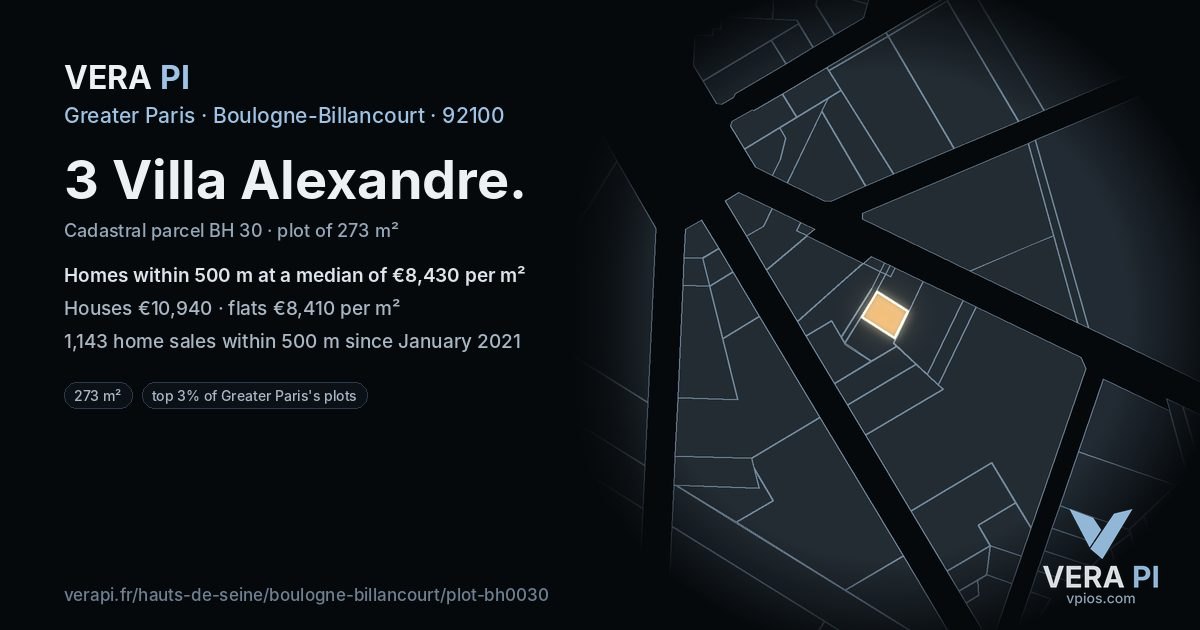 3 Villa Alexandre, Boulogne-Billancourt at night – the plot lit, the parcels around coloured by the prices near them
