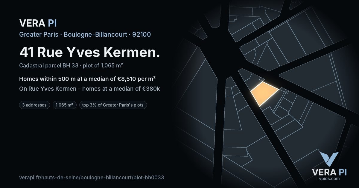41 Rue Yves Kermen, Boulogne-Billancourt at night – the plot lit, the parcels around coloured by the prices near them